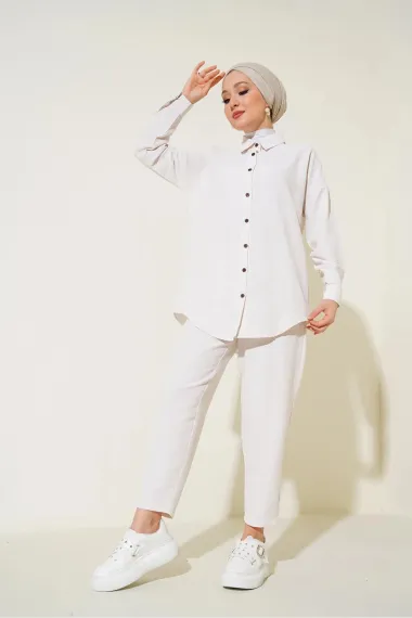 Women's Hijab Cream Linen Shirt and Trousers Top-bottom Double Suit HZL24W-BD166221 - photo 2