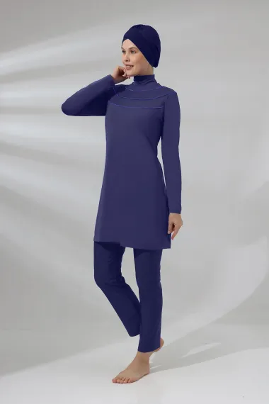 Women's Hijab Navy Blue Turtleneck Long Sleeve Full Covered Tights Lycra Dress Swimsuit HZL24S-AR1286-02