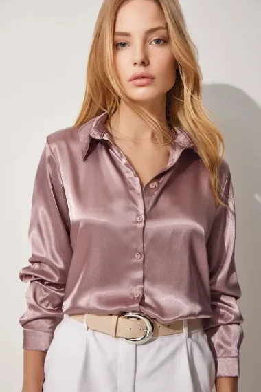 Women's Dusty Rose Lightly Draped Satin Surface Shirt HZL22W-BD139641 - photo 1