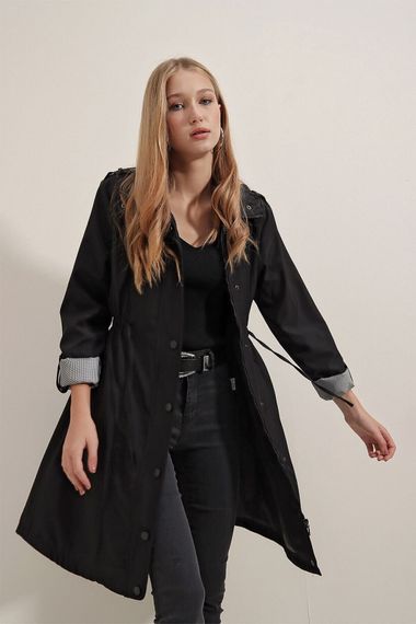 Women's Black Pocket Detailed, Gathered Waist, Lined Long Trench Coat HZL23W-BD158081 - photo 1