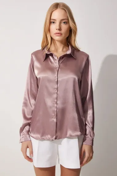 Women's Dusty Rose Lightly Draped Satin Surface Shirt HZL22W-BD139641 - photo 3