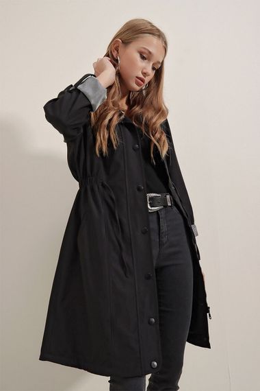 Women's Black Pocket Detailed, Gathered Waist, Lined Long Trench Coat HZL23W-BD158081 - photo 4