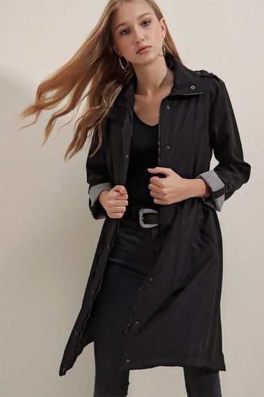 Women's Black Pocket Detailed, Gathered Waist, Lined Long Trench Coat HZL23W-BD158081 - photo 2