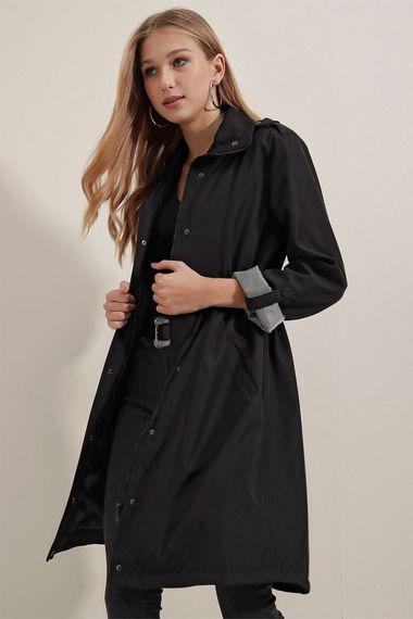 Women's Black Pocket Detailed, Gathered Waist, Lined Long Trench Coat HZL23W-BD158081 - photo 3