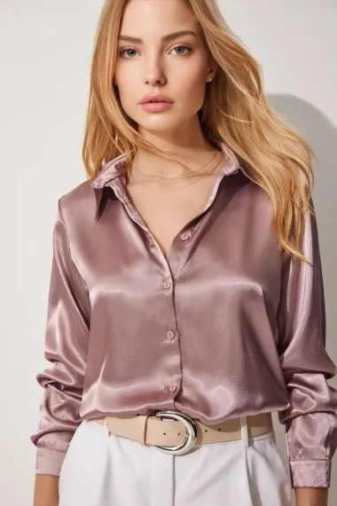 Women's Dusty Rose Lightly Draped Satin Surface Shirt HZL22W-BD139641 - photo 2