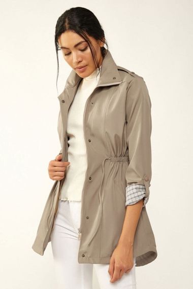 Women's Beige Pocket Detailed, Gathered Waist, Lined Trench Coat HZL22W-BD156691 - photo 2