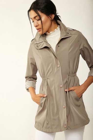 Women's Beige Pocket Detailed, Gathered Waist, Lined Trench Coat HZL22W-BD156691 - photo 1