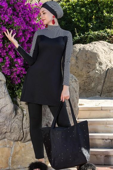 Women's Black Long Sleeve Lycra Full Covered Patterned Hijab Swimsuit HZL23S-AR12581 - photo 1