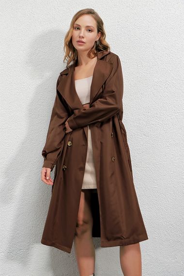 Women's Brown Double Breasted Collar Belted Unlined Seasonal Casual Trench Coat Hzl22s-bd158531 - photo 3