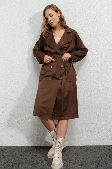 Women's Brown Double Breasted Collar Belted Unlined Seasonal Casual Trench Coat Hzl22s-bd158531 - photo 1