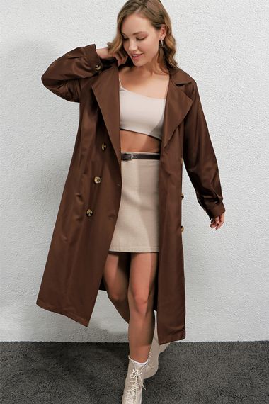 Women's Brown Double Breasted Collar Belted Unlined Seasonal Casual Trench Coat Hzl22s-bd158531 - photo 2