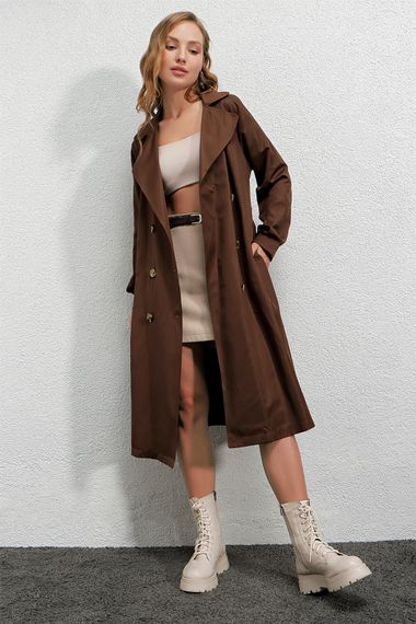 Women's Brown Double Breasted Collar Belted Unlined Seasonal Casual Trench Coat Hzl22s-bd158531 - photo 5