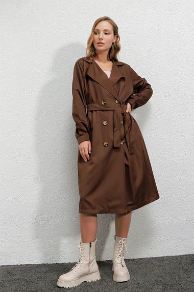 Women's Brown Double Breasted Collar Belted Unlined Seasonal Casual Trench Coat Hzl22s-bd158531 - photo 4