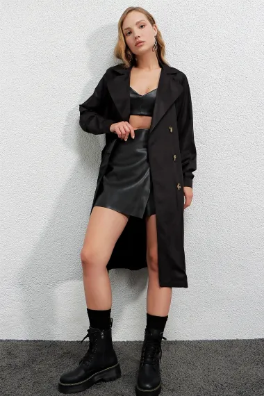 Women's Black Double Breasted Collar Belted Unlined Seasonal Casual Trench Coat HZL22S-BD158531 - photo 5