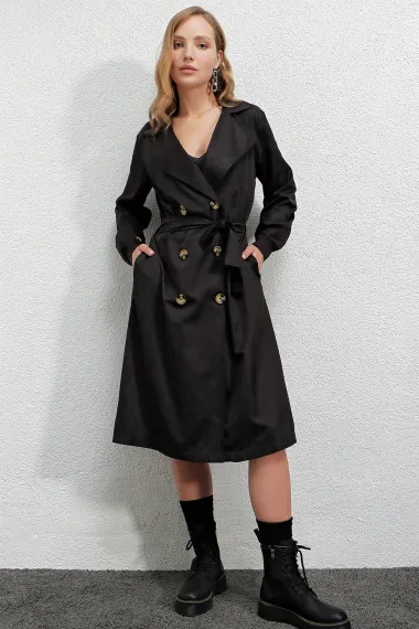 Women's Black Double Breasted Collar Belted Unlined Seasonal Casual Trench Coat HZL22S-BD158531 - photo 3