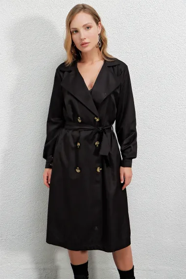 Women's Black Double Breasted Collar Belted Unlined Seasonal Casual Trench Coat HZL22S-BD158531 - photo 2