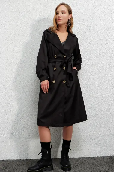 Women's Black Double Breasted Collar Belted Unlined Seasonal Casual Trench Coat HZL22S-BD158531 - photo 4