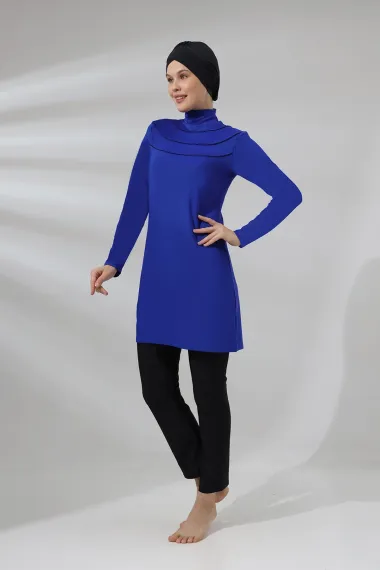 Women's Hijab Saks Blue Turtleneck Long Sleeve Fully Covered Tights Lycra Dress Swimsuit HZL24S-AR1286-11 - photo 1