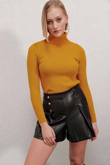 Women's Mustard Turtleneck Corduroy Knitwear Turtleneck Sweater HZL22W-BD1445001 - photo 5