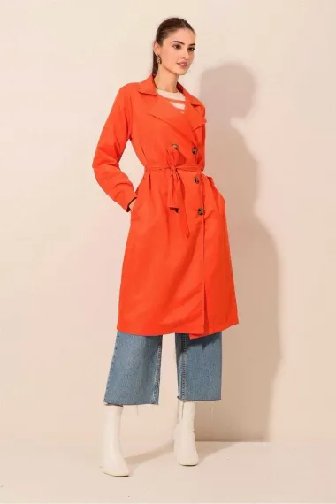 Women's Orange Double Breasted Collar Belted Unlined Seasonal Comfortable Trench Coat Hzl22s-bd158531 - photo 2