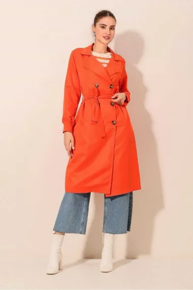 Women's Orange Double Breasted Collar Belted Unlined Seasonal Comfortable Trench Coat Hzl22s-bd158531 - photo 1