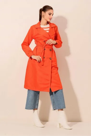 Women's Orange Double Breasted Collar Belted Unlined Seasonal Comfortable Trench Coat Hzl22s-bd158531 - photo 5