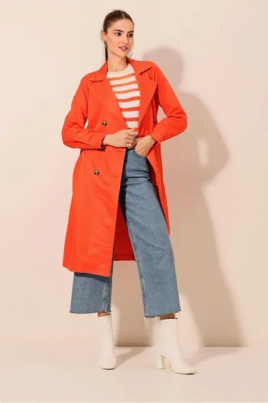 Women's Orange Double Breasted Collar Belted Unlined Seasonal Comfortable Trench Coat Hzl22s-bd158531 - photo 4