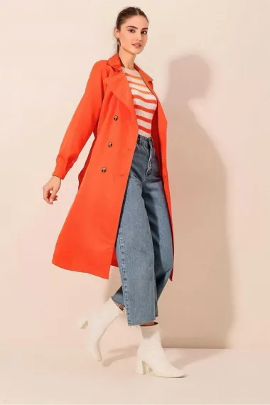 Women's Orange Double Breasted Collar Belted Unlined Seasonal Comfortable Trench Coat Hzl22s-bd158531 - photo 3