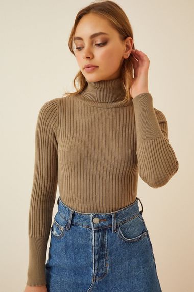 Women's Light Brown Turtleneck Corded Knitwear Turtleneck Sweater HZL22W-BD1445001 - photo 1