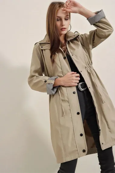 Women's Beige Pocket Detailed, Gathered Waist, Lined Long Trench Coat HZL23W-BD158081 - photo 1