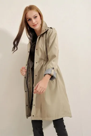 Women's Beige Pocket Detailed, Gathered Waist, Lined Long Trench Coat HZL23W-BD158081 - photo 5