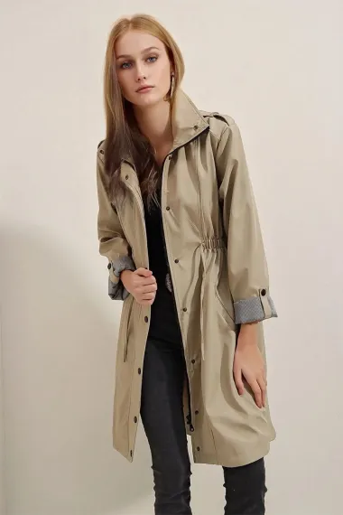 Women's Beige Pocket Detailed, Gathered Waist, Lined Long Trench Coat HZL23W-BD158081 - photo 3