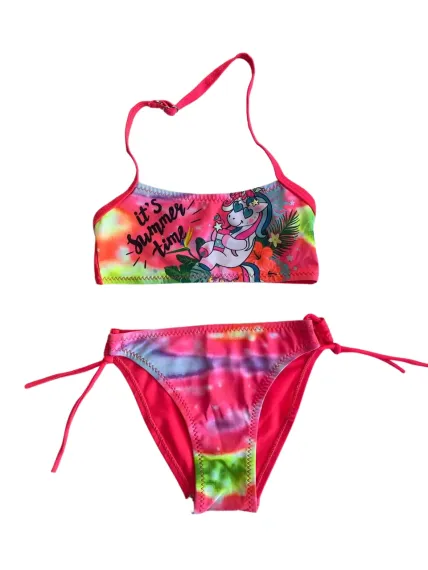 Kız Çocuk Neon Pembe Desenli  2-8 Yaş Straplez Bikini Takım HZL24S-LC3652 - photo 1