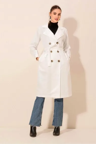 Women's White Double Breasted Collar Belted Unlined Seasonal Casual Trench Coat Hzl22s-bd158531 - photo 1