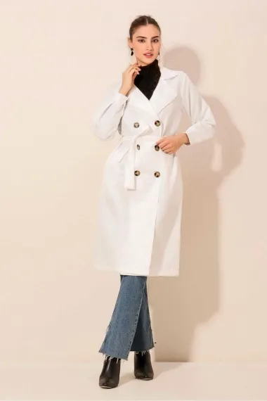 Women's White Double Breasted Collar Belted Unlined Seasonal Casual Trench Coat Hzl22s-bd158531 - photo 2