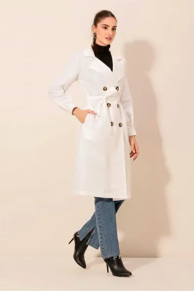 Women's White Double Breasted Collar Belted Unlined Seasonal Casual Trench Coat Hzl22s-bd158531 - photo 5