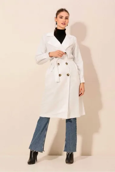 Women's White Double Breasted Collar Belted Unlined Seasonal Casual Trench Coat Hzl22s-bd158531 - photo 3