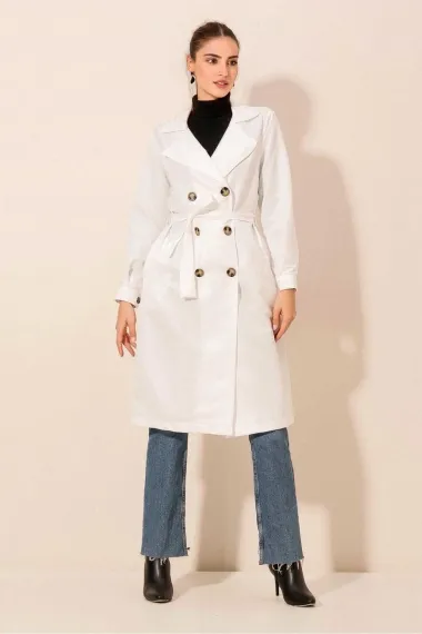 Women's White Double Breasted Collar Belted Unlined Seasonal Casual Trench Coat Hzl22s-bd158531 - photo 4