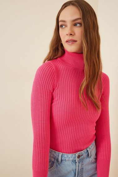 Women's Fuchsia Turtleneck Corded Knitwear Turtleneck Sweater HZL22W-BD1445001 - photo 2