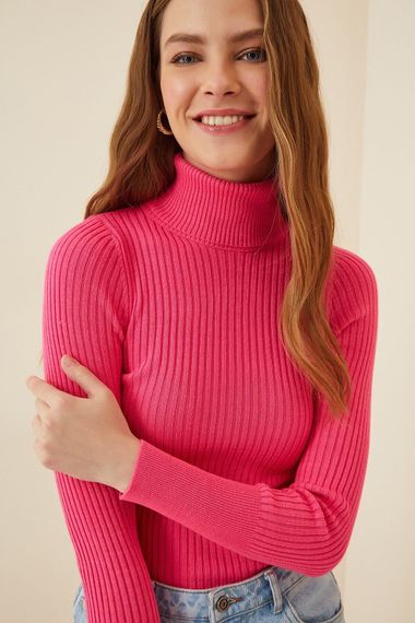 Women's Fuchsia Turtleneck Corded Knitwear Turtleneck Sweater HZL22W-BD1445001 - photo 3