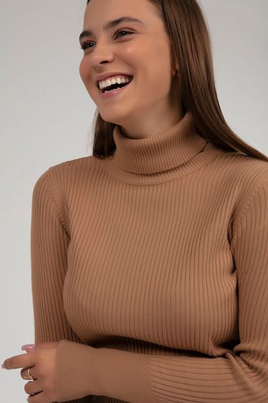 Women's Camel Turtleneck Corded Knitwear Turtleneck Sweater HZL22W-BD1445001 - photo 1