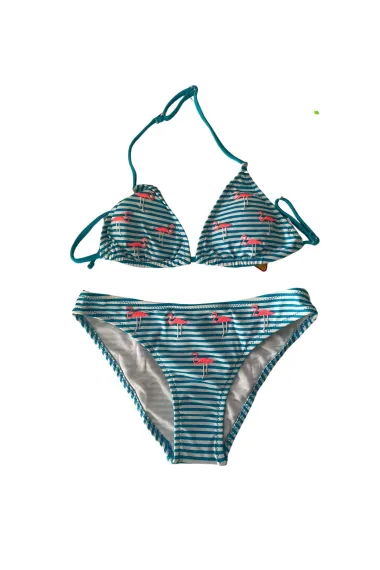 Kız Çocuk Mavi Beyaz Çizgili Flamingo Desenli  4-12 Yaş Üçgen Bikini Takım HZL24S-LC171 - صورة 1