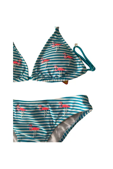 Kız Çocuk Mavi Beyaz Çizgili Flamingo Desenli  4-12 Yaş Üçgen Bikini Takım HZL24S-LC171 - photo 2