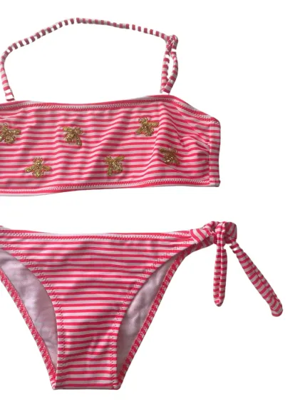 Kız Çocuk Pembe Beyaz Çizgili Arı Çıkartmalı 4-12 Yaş Straplez Bikini Takım HZL24S-LC3228 - photo 5