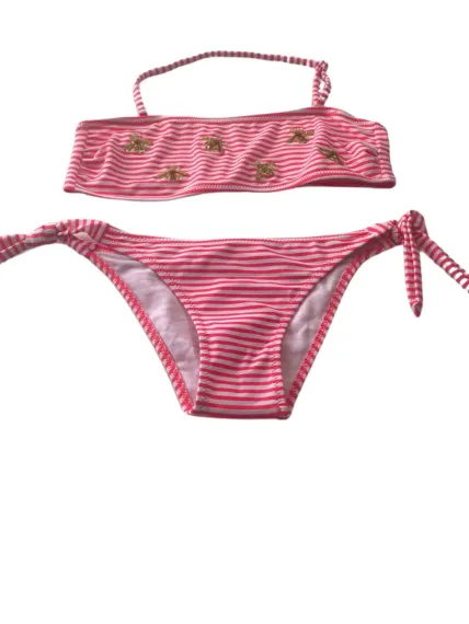 Kız Çocuk Pembe Beyaz Çizgili Arı Çıkartmalı 4-12 Yaş Straplez Bikini Takım HZL24S-LC3228 - صورة 3