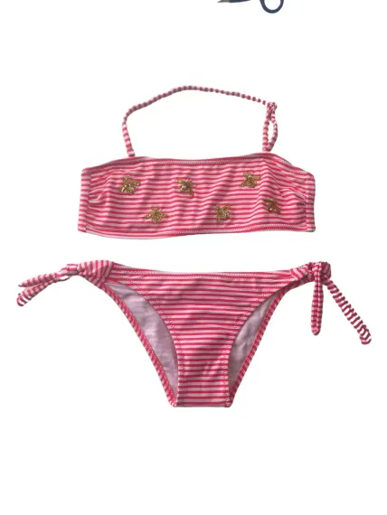 Kız Çocuk Pembe Beyaz Çizgili Arı Çıkartmalı 4-12 Yaş Straplez Bikini Takım HZL24S-LC3228 - صورة 2