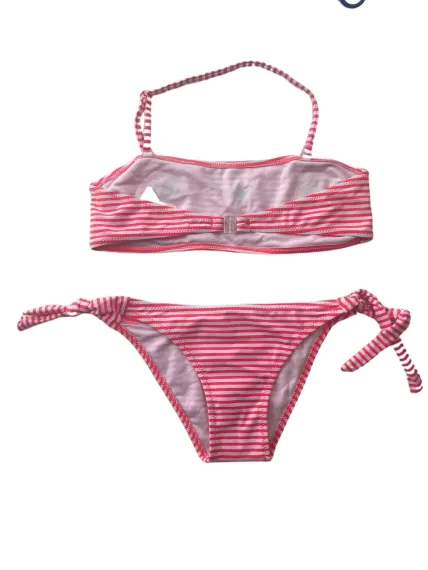 Kız Çocuk Pembe Beyaz Çizgili Arı Çıkartmalı 4-12 Yaş Straplez Bikini Takım HZL24S-LC3228 - صورة 4