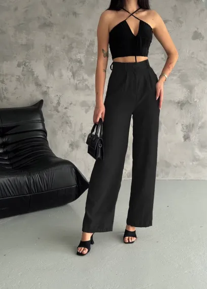 Women's Black High Waist Wide Leg Pocket Imported Linen Trousers HZL24S-FRY121821 - photo 2