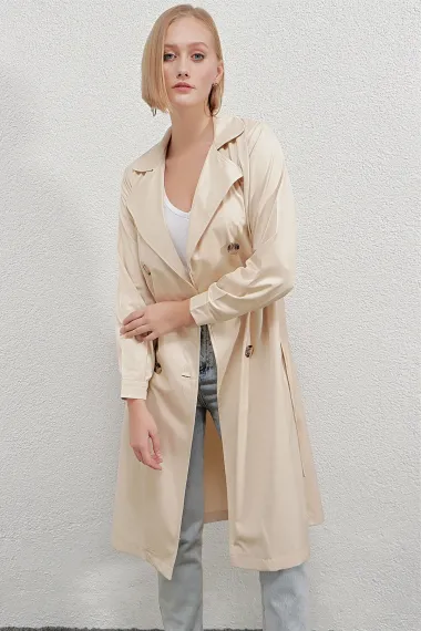 Women's Cream Double Breasted Collar Belted Unlined Seasonal Casual Trench Coat Hzl22s-bd158531 - photo 4