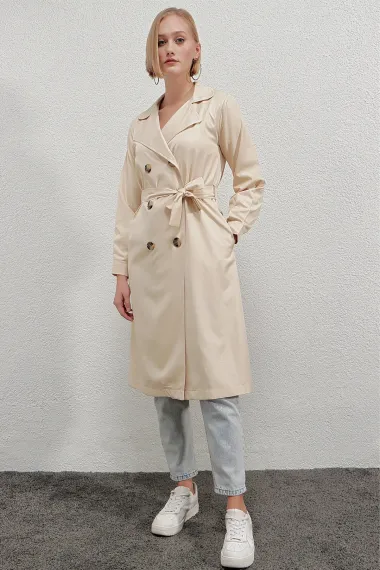 Women's Cream Double Breasted Collar Belted Unlined Seasonal Casual Trench Coat Hzl22s-bd158531 - photo 1